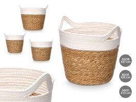 Giftdecor Set 3 Cestos Redondos con Asas Alto 29 cm Blanco Papel y Fibra Natural (Set de 4)