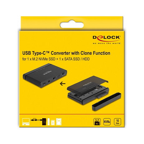 DeLOCK Convertidor USB Type-C para 1 x M.2 NVMe SSD + 1 x SATA SSD/HDD con función de clonación