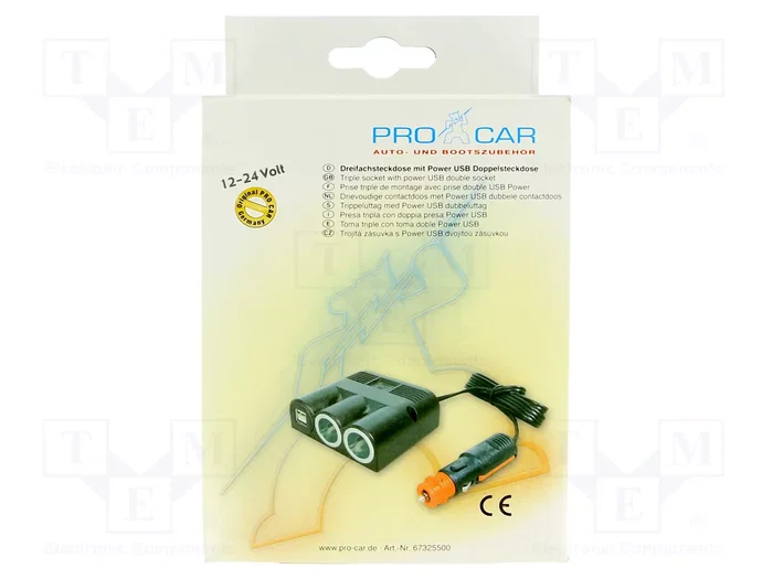 PRO CAR Cable alargador para mechero de coche con 2 tomas y 2 USB