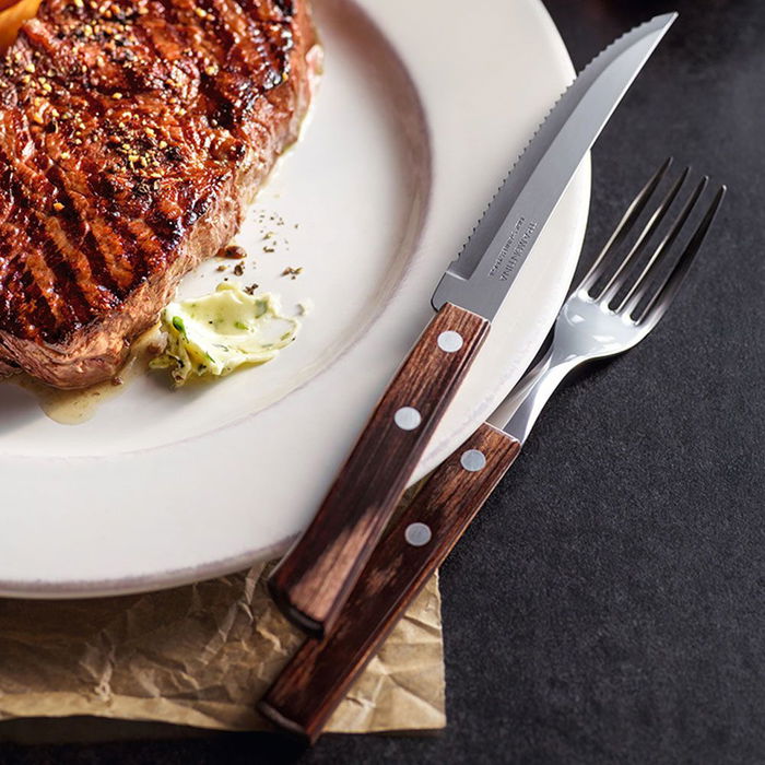 Tramontina Tenedor de Mesa Polywood Castaño Acero Inoxidable Mango Tratado Caja Expositora 60 Unidades