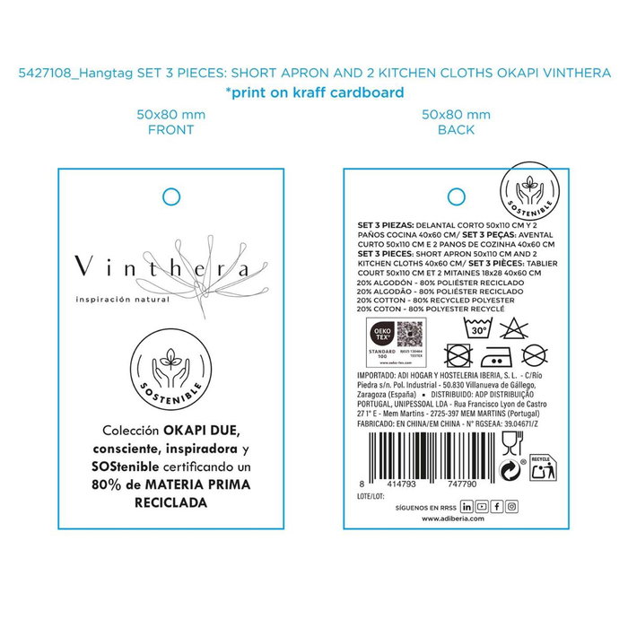 Vinthera Set de Delantal Corto y 2 Paños de Cocina OKAPI DUE Bicolor