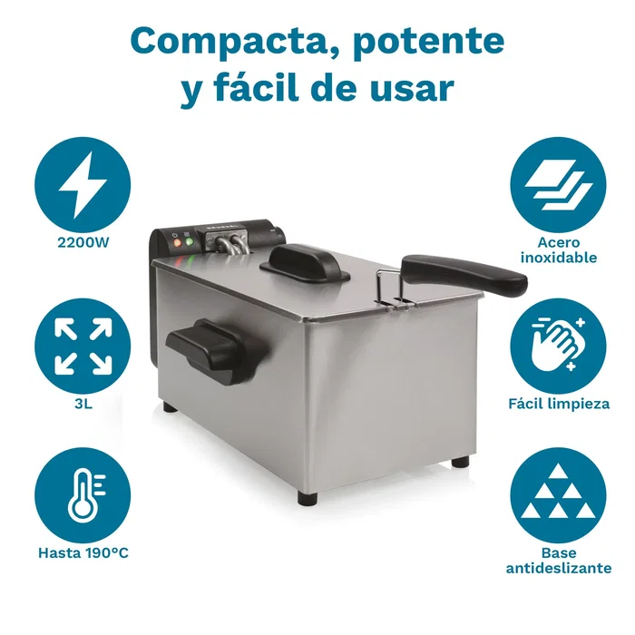 Grunkel FRYPRO-3SS Freidora de Aceite 2000W 3L Sencillo Independiente Acero Inoxidable con Control de Temperatura 190°C Tazón Extraíble
