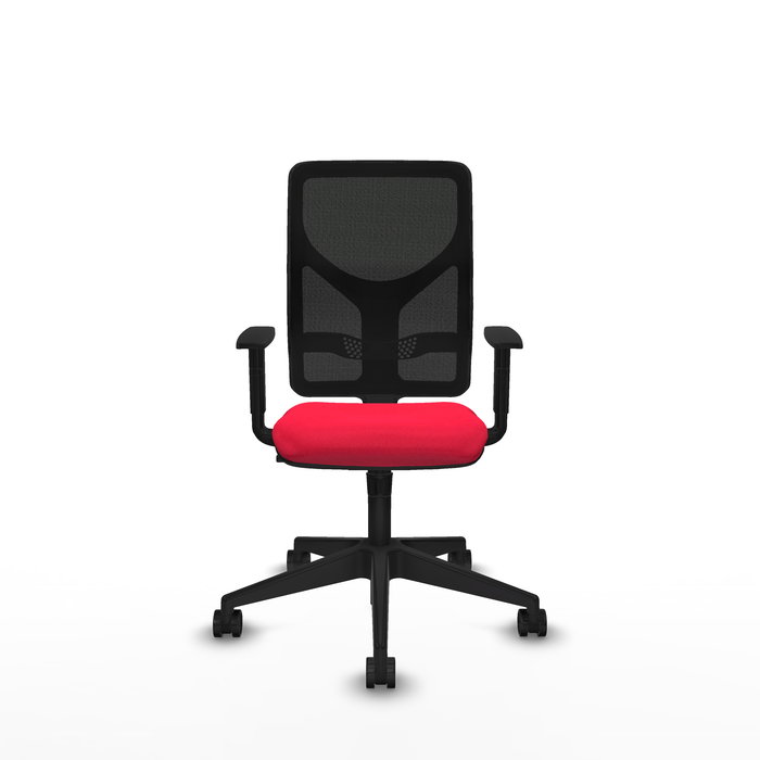 Silla de oficina Motilla con mecanismo Sincro tapizada con Tela color Rojo y malla color negra. Equipada con lumbar 1D, Brazos 1D y Ruedas 65mm nailon