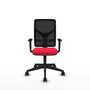 Silla de oficina Motilla con mecanismo Sincro tapizada con Tela color Rojo y malla color negra. Equipada con lumbar 1D, Brazos 1D y Ruedas 65mm nailon