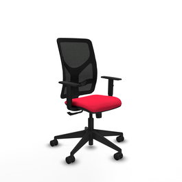 Silla de oficina Motilla con mecanismo Sincro tapizada con Tela color Rojo y malla color negra. Equipada con lumbar 1D, Brazos 1D y Ruedas 65mm nailon