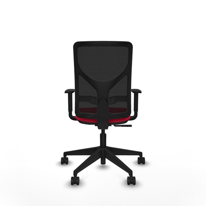Silla de oficina Motilla con mecanismo Sincro tapizada con Tela color Rojo y malla color negra. Equipada con lumbar 1D, Brazos 1D y Ruedas 65mm nailon
