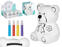 Pincello Hucha Oso Cerámica con 4 Rotuladores (Amarillo, Azul, Rojo, Morado), 9x11.5x9 cm, Color Blanco (Set de 24)