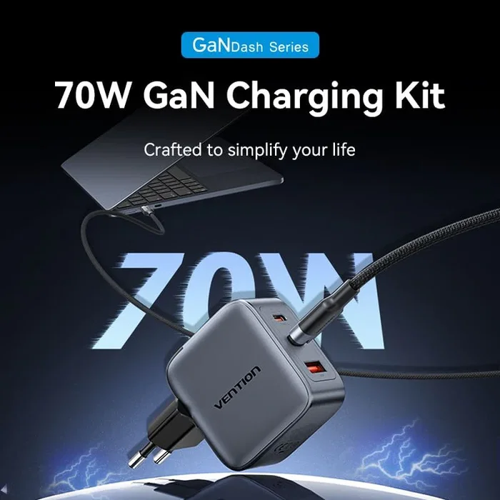 Vention Cargador de Pared GaN 70W con 2xUSB-C, 1xUSB-A y Cable USB-C de 1m