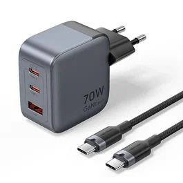 Vention Cargador de Pared GaN 70W con 2xUSB-C, 1xUSB-A y Cable USB-C de 1m