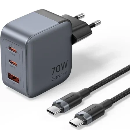 Vention Cargador de pared 70W GaN con cable USB-C 1m, 2 puertos USB-C y USB-A, carga rápida PD PPS Vention Cargador de pared 70W GaN con cable USB-C 1m, 2 puertos USB-C y USB-A, carga rápida PD PPS