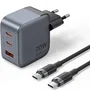 Vention Cargador de pared 70W GaN con cable USB-C 1m, 2 puertos USB-C y USB-A, carga rápida PD PPS