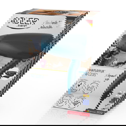 ADLER Secador de Pelo de Viaje Plegable, 1800W, Compacto y Potente para Equipaje de Mano