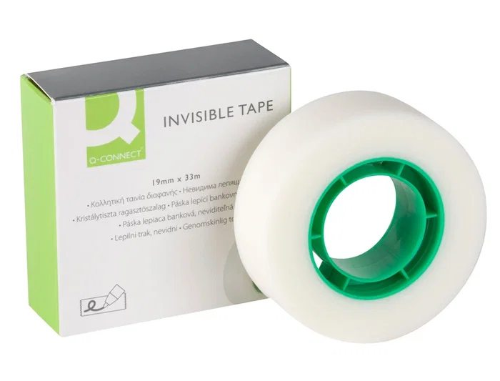 Q-connect Cinta Adhesiva Invisible, 33 m x 19 mm, para Embalaje, Escritura y Fotocopias, No Amarillea, Fácil de Cortar