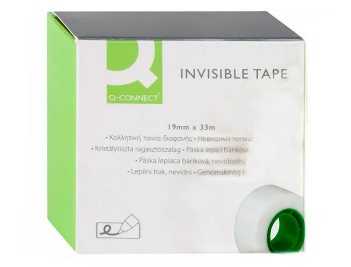 Q-connect Cinta Adhesiva Invisible, 33 m x 19 mm, para Embalaje, Escritura y Fotocopias, No Amarillea, Fácil de Cortar