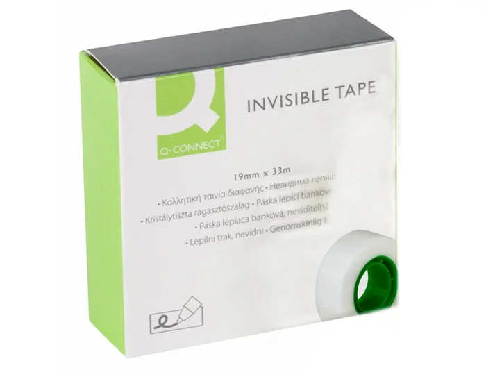 Q-connect Cinta Adhesiva Invisible, 33 m x 19 mm, para Embalaje, Escritura y Fotocopias, No Amarillea, Fácil de Cortar