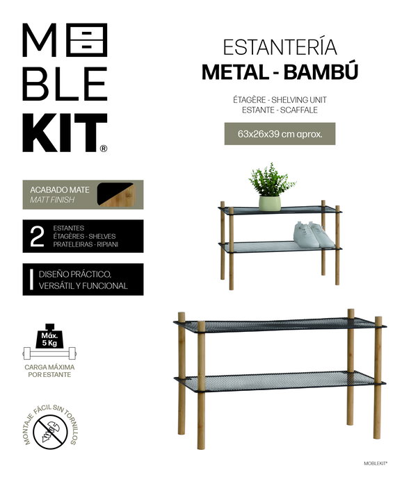 Inde Estanteria Metal-Bambu Rectangular 2 Niveles Moblekit 26.2 cm x 3.2 cm x 63.8 cm (6 Unidades)