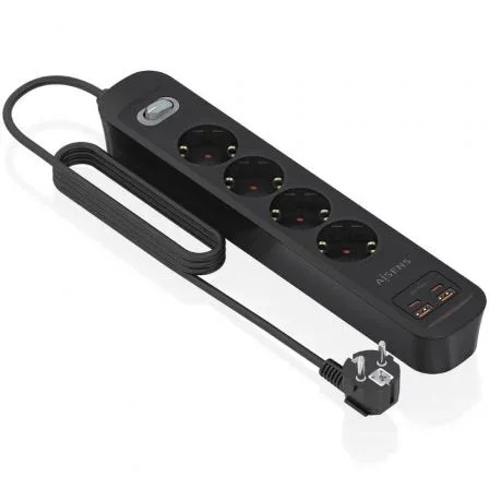 Aisens Regleta de Enchufes Multifunción ASPS-2A2C13-BK con 4 Tomas Schuko + Cargador PD3.0 20W (2 USB-C, 2 USB-A), Cable 1.4m, Negro, Interruptor y Protección