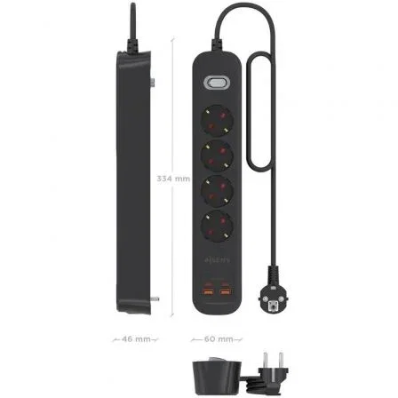 Aisens Regleta de Enchufes Multifunción ASPS-2A2C13-BK con 4 Tomas Schuko + Cargador PD3.0 20W (2 USB-C, 2 USB-A), Cable 1.4m, Negro, Interruptor y Protección