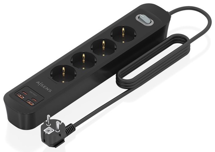 Aisens Regleta de Enchufes Multifunción 4 Tomas + Cargador 20W 2xUSB-C 2xUSB-A Negro ASPS-2A2C13-BK