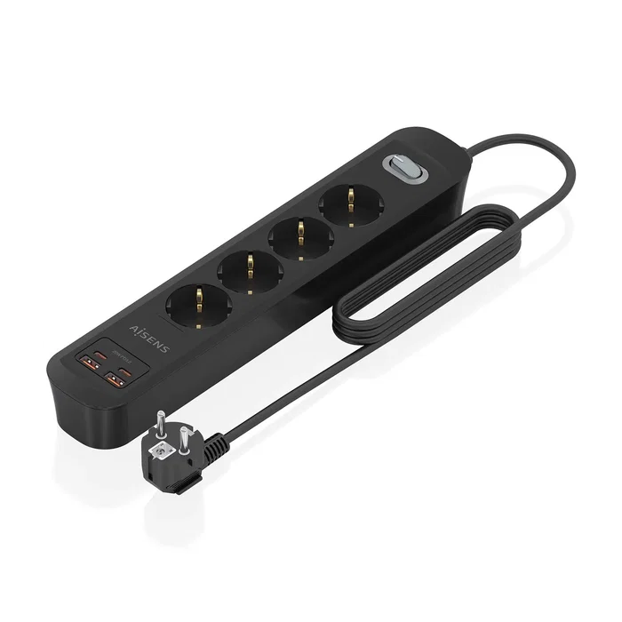 Aisens Regleta de Enchufes Multifunción 4 Tomas + Cargador 20W 2xUSB-C 2xUSB-A Negro ASPS-2A2C13-BK