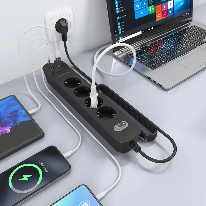 Aisens Regleta de Enchufes Multifunción 4 Tomas + Cargador 20W 2xUSB-C 2xUSB-A Negro ASPS-2A2C13-BK