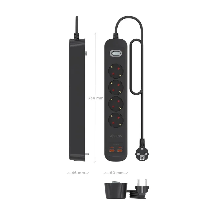 Aisens Regleta de Enchufes Multifunción 4 Tomas + Cargador 20W 2xUSB-C 2xUSB-A Negro ASPS-2A2C13-BK