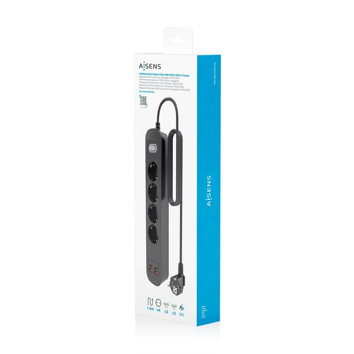 Aisens Regleta de Enchufes Multifunción 4 Tomas + Cargador 20W 2xUSB-C 2xUSB-A Negro ASPS-2A2C13-BK