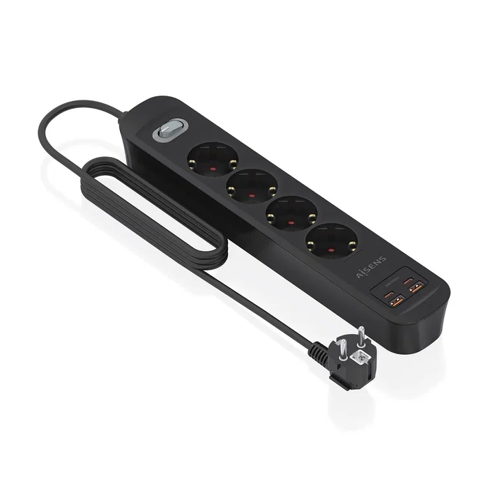 Aisens Regleta de Enchufes Multifunción 4 Tomas + Cargador 20W 2xUSB-C 2xUSB-A Negro ASPS-2A2C13-BK
