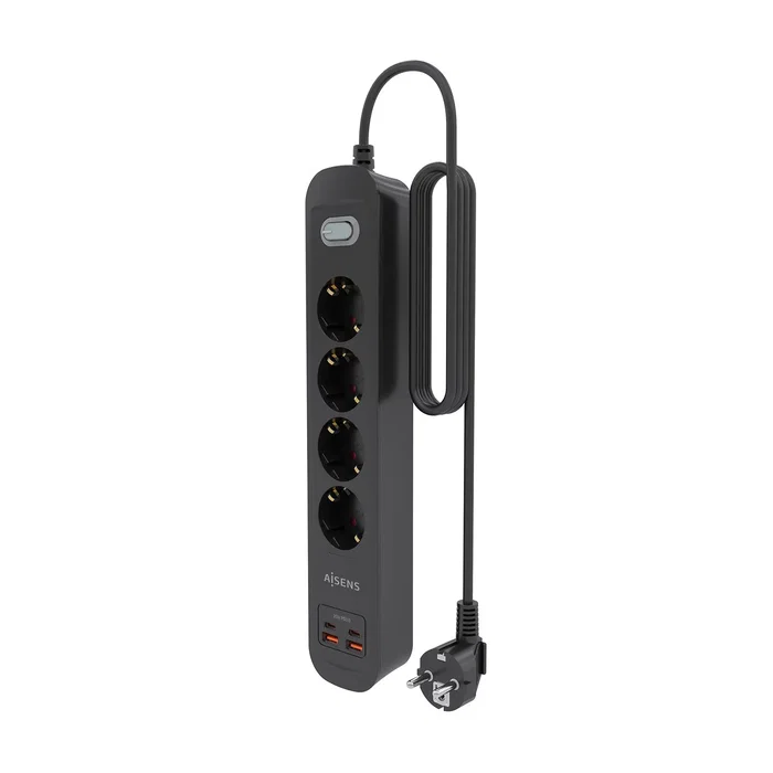 Aisens Regleta de Enchufes Multifunción 4 Tomas + Cargador 20W 2xUSB-C 2xUSB-A Negro ASPS-2A2C13-BK