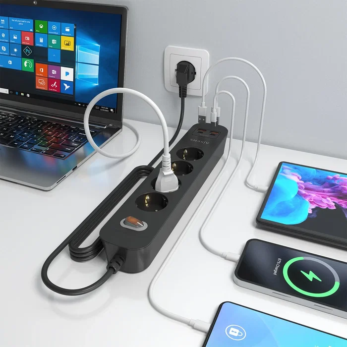 Aisens Regleta de Enchufes Multifunción 4 Tomas + Cargador 20W 2xUSB-C 2xUSB-A Negro ASPS-2A2C13-BK
