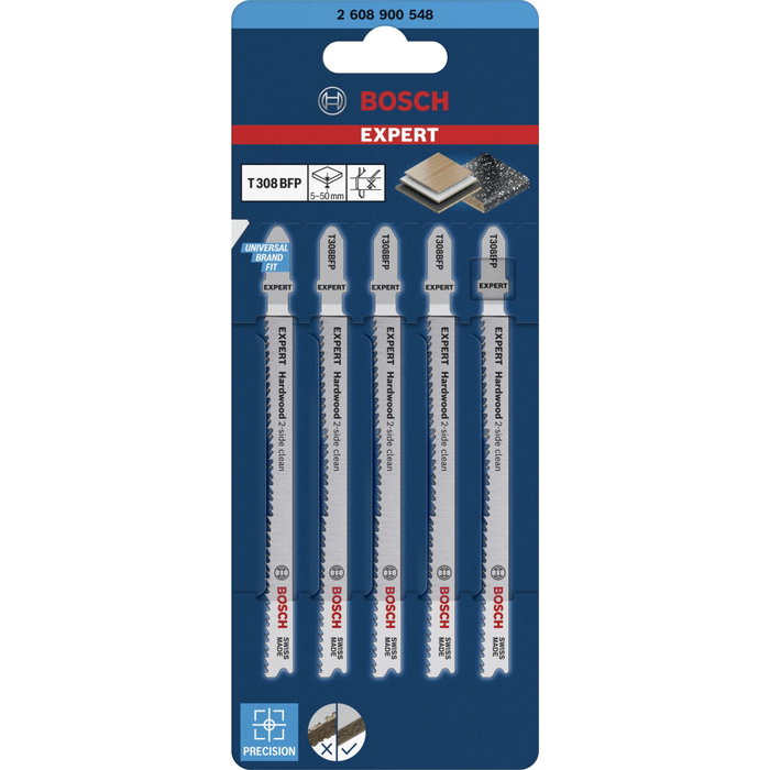 Bosch EXPERT T308BFP Hojas de sierra caladora para madera dura, corte limpio por ambos lados, 5 unidades Bosch EXPERT T308BFP Hojas de sierra caladora para madera dura, corte limpio por ambos lados, 5 unidades