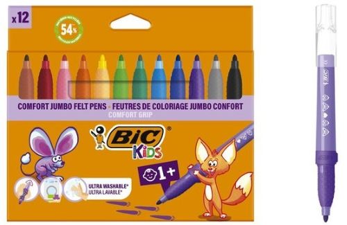 Bic Kids Comfort Jumbo Pack de 12 Rotuladores con Tinta Lavable, Colores Surtidos