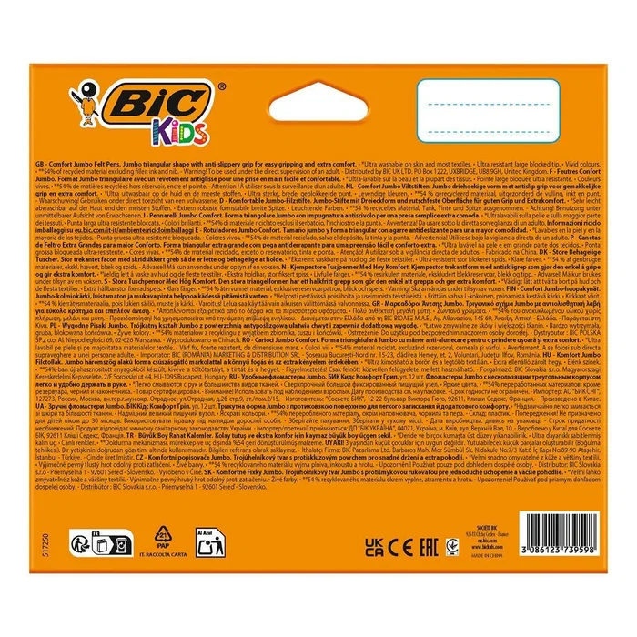 BIC Kids Comfort Grip Jumbo Pack de 12 Rotuladores con Tinta Lavable - Agarre Antideslizante - Colores Surtidos - Para Niños desde 1 año - 517250