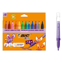 Bic Kids Comfort Jumbo Pack de 12 Rotuladores con Tinta Lavable, Colores Surtidos