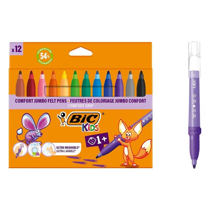 BIC Kids Comfort Grip Jumbo Pack de 12 Rotuladores con Tinta Lavable - Agarre Antideslizante - Colores Surtidos - Para Niños desde 1 año - 517250