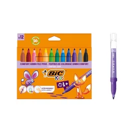 BIC Kids Comfort Grip Jumbo Pack de 12 Rotuladores con Tinta Lavable - Agarre Antideslizante - Colores Surtidos - Para Niños desde 1 año - 517250