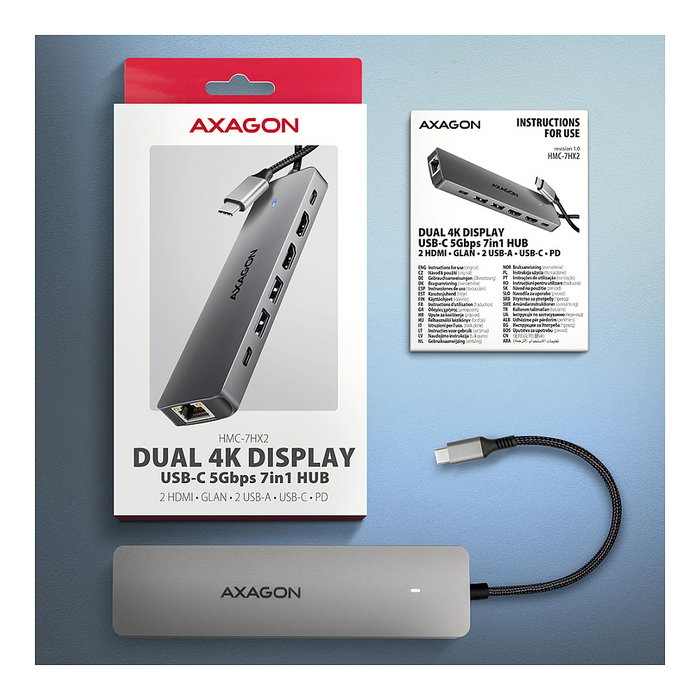 Axagon HMC-7HX2 Hub USB con 2x USB-A, 1x USB-C, 2x HDMI 2.0, 1x RJ45 y 100 W PD - plata Axagon HMC-7HX2 Hub USB con 2x USB-A, 1x USB-C, 2x HDMI 2.0, 1x RJ45 y 100 W PD - plata