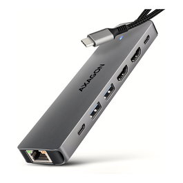 Axagon HMC-7HX2 Hub USB con 2x USB-A, 1x USB-C, 2x HDMI 2.0, 1x RJ45 y 100 W PD - plata