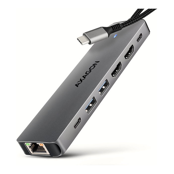 Axagon HMC-7HX2 Hub USB con 2x USB-A, 1x USB-C, 2x HDMI 2.0, 1x RJ45 y 100 W PD - plata Axagon HMC-7HX2 Hub USB con 2x USB-A, 1x USB-C, 2x HDMI 2.0, 1x RJ45 y 100 W PD - plata
