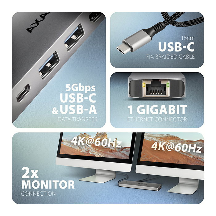 Axagon HMC-7HX2 Hub USB con 2x USB-A, 1x USB-C, 2x HDMI 2.0, 1x RJ45 y 100 W PD - plata Axagon HMC-7HX2 Hub USB con 2x USB-A, 1x USB-C, 2x HDMI 2.0, 1x RJ45 y 100 W PD - plata