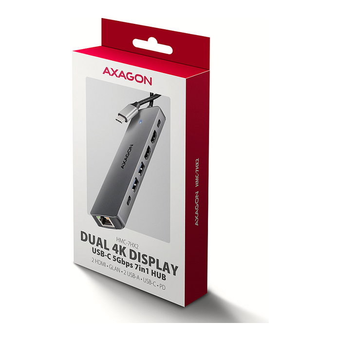 Axagon HMC-7HX2 Hub USB con 2x USB-A, 1x USB-C, 2x HDMI 2.0, 1x RJ45 y 100 W PD - plata Axagon HMC-7HX2 Hub USB con 2x USB-A, 1x USB-C, 2x HDMI 2.0, 1x RJ45 y 100 W PD - plata