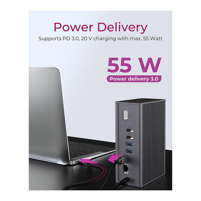 ICY BOX IB-DK2262AC Docking Station USB-C 16-in-1 con PD 55W, 4K 60Hz, Gigabit Ethernet, 3 Pantallas, Lector de Tarjetas, Aluminio Antracita
