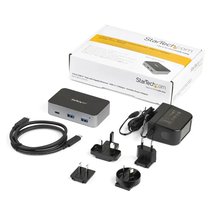 StarTech.com HB31C2A1CGS Hub USB-C de 3 Puertos con Gigabit Ethernet, USB 3.2 Gen 2 10Gbps, 2x USB-A, 1x USB-C, Alimentado para Mac/Windows, Cable 1m