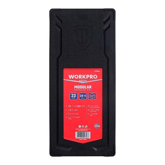 WORKPRO - Juego de 23 piezas, llave de carraca 3/8 pulg 72 dientes, 10 vasos hexagonales, 6 vasos largos, 2 barras extensión, 2 vasos bujía, articulación universal y adaptador