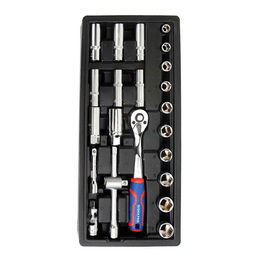 Workpro - Juego de carraca y vasos de 3/8", 23 piezas métricas con llave de 72 dientes, 10 vasos hexagonales (10-19 mm), 6 vasos largos y accesorios