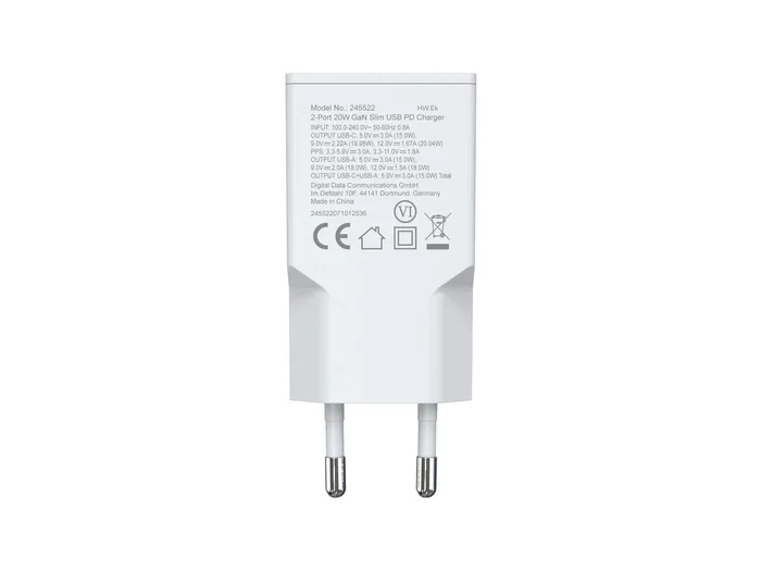Equip 245522 Cargador 20W GaN Slim 2 Puertos USB-C PD3.0 + USB-A QC3.0 Carga Rápida con Protecciones Blanco