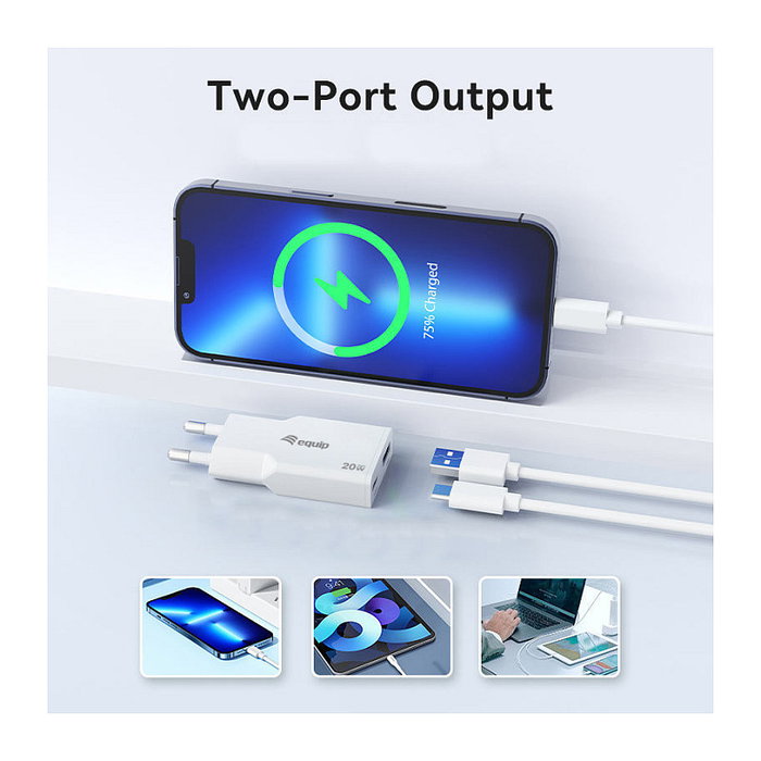 EQUIP Cargador Slim GaN 20W con 2 Puertos USB-C PD3.0/USB-A Blanco