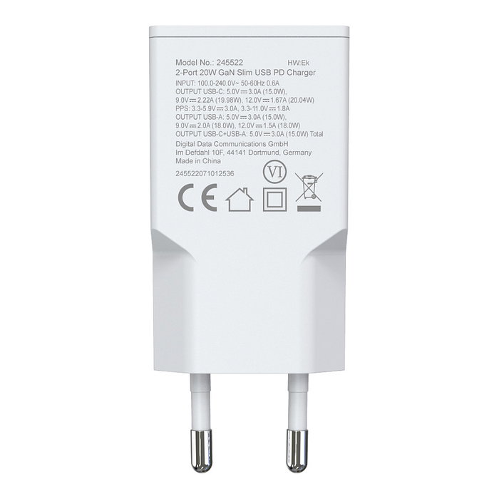 EQUIP Cargador Slim GaN 20W con 2 Puertos USB-C PD3.0/USB-A Blanco