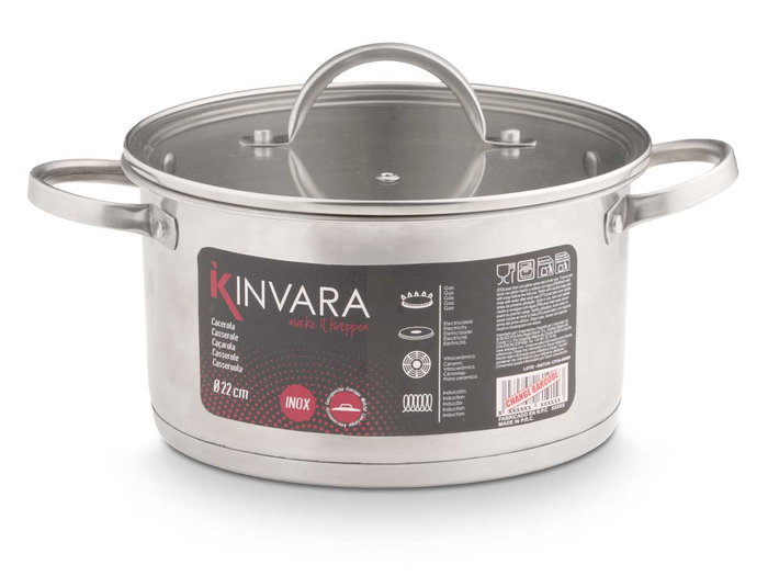 KINVARA Cacerola de Inducción con Tapa de Cristal 22 cm, Plata