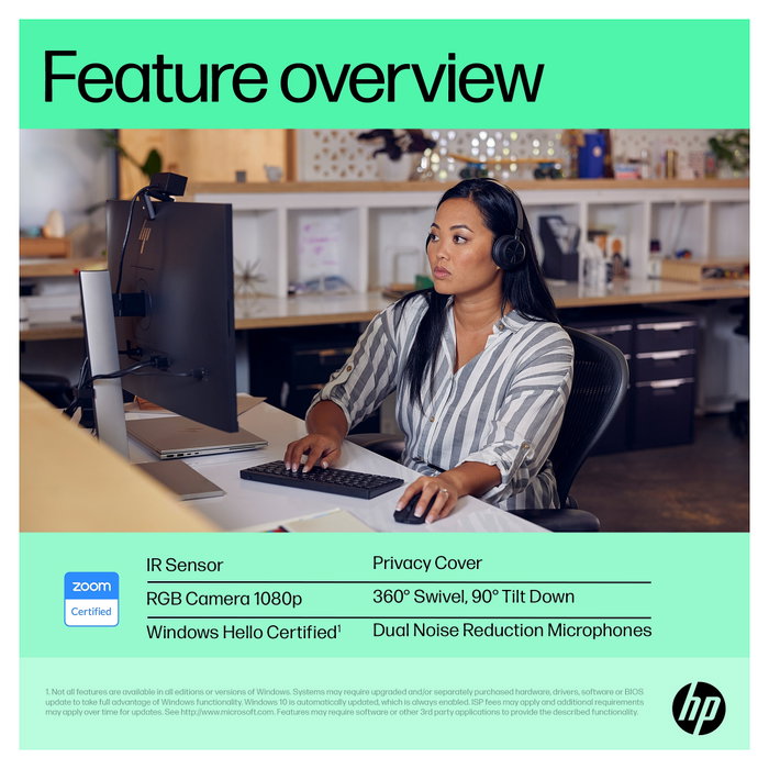 HP Webcam 625 FHD con IA y Windows Hello, Negro